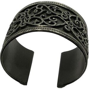 Antique Silver-Tone Cuff Bracelet With Intricate Swirl Design